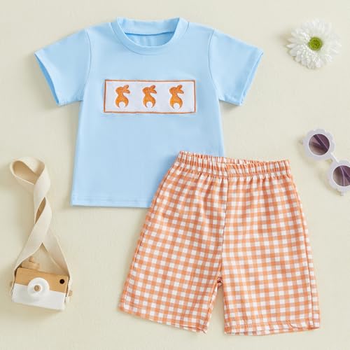 Image of Toddler Baby Boy Easter Rabbit Outfit Short Sleeve Bunny Carrot Smocked T-shirt Elastic Waist Shorts Summer Clothes