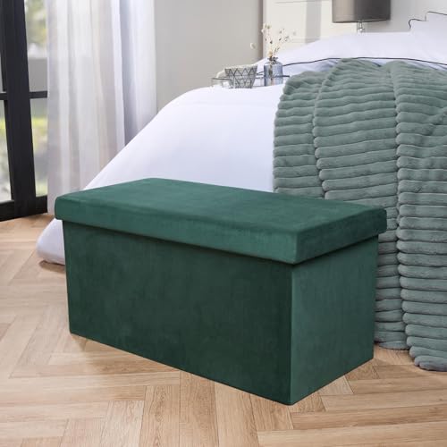 OHS Rectangle Ottoman Storage Box Forest Green Matte Velvet Padded Foldable Bench with Hidden Storage & Lid Upholstered Footrest For Living Room & Bedroom Space Saving Organising Box