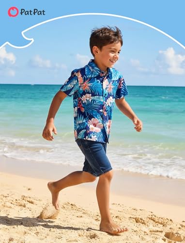Image of PATPAT Family Hawaiian Matching Outfits - Mommy and Me Vacation Outfits | Halter Sundresses and Button Down Shirts,Caribbean Vacation Summer Tropical Outfits,Hawaiian Boho Tropical Floral Printed