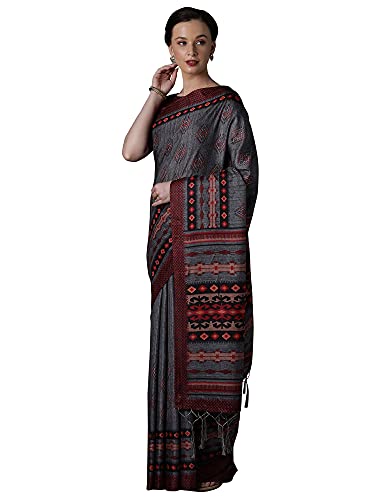 Image of AKHILAM Silk Blend Women Casual Pashmina Silk Abstract Printed Saree With Unstitched Blouse Piece(Grey 4Ksmra4 Parent)