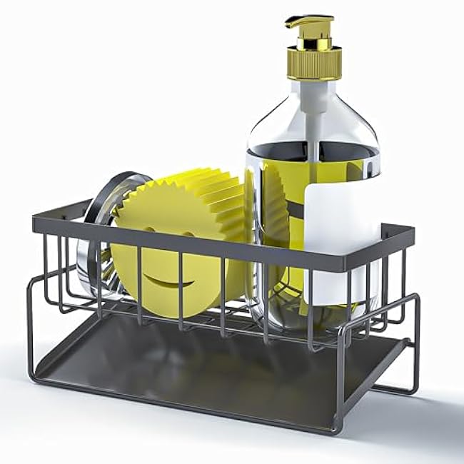 Sponge Holder for Kitchen Sink, Sink Caddy Organizer,Kitchen Essentials for Countertop-Self Drain Sponge Rack,Soap Dispenser Storage,Rustproof Stainless Steel,High Brush Holder,Grey
