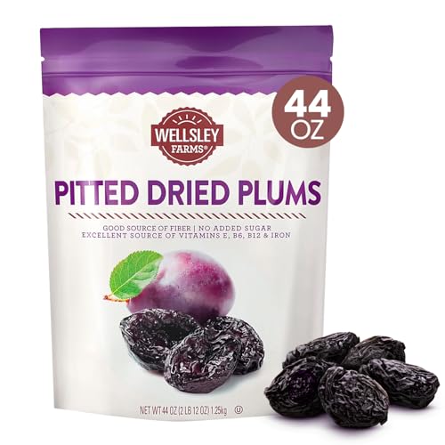 Wellsley Farms Gourmet Dried Plums - Gluten Free and Kosher Certified - Dry Prunes With Fiber Plus Added Vitamins B6, B12, E and Iron - Ideal for Travel, School & Office Snacks - 44 oz Resealable Pack