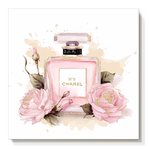 Image of cozy country Chanel-Inspired Perfume Canvas Wall Art - 12x12 Inches Fashion Artwork Print, Pink Floral Luxury Picture for Bathroom & Women's Room Decor, Ready to Hang