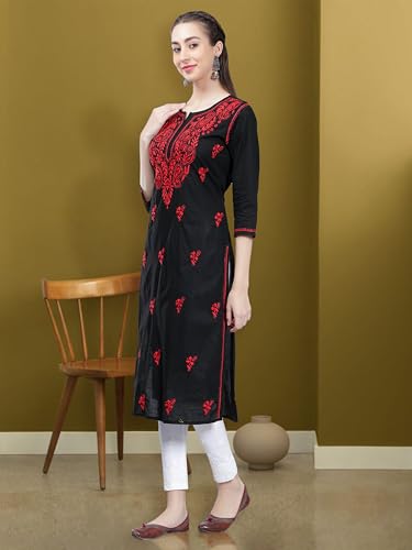 Image of Seva Chikan Hand Embroidered Lucknowi Chikankari Regular Straight Cotton Kurta Kurti for Women SCL4243