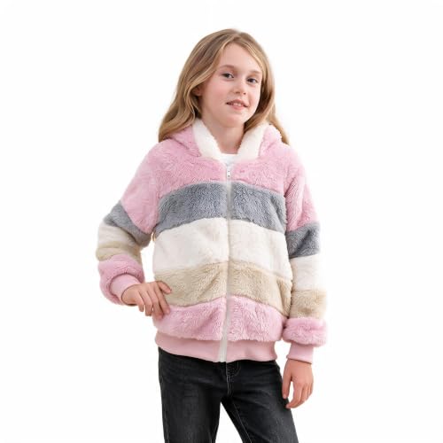 Image of Girls Fleece Jackets Kids Sherpa Fuzzy Zip up Hoodie Fall Winter Contrast color Pullover Sweatshirt 4-12 Years