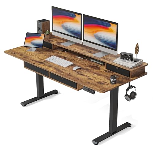 Image of FEZIBO 60'' x 30'' Electric Standing Desk with 4 Storage Drawers, Adjustable Height Computer Table with Monitor Shelf, Stand Up Desk for Study, Gaming, Workstation, Rustic Brown Top
