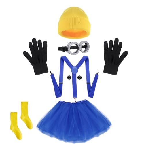Xgvzs 7 piezas disfraz amarillo disfraz mujer niña Halloween incluye gafas sombrero guantes calcetines botón faldas carnaval fiesta temática