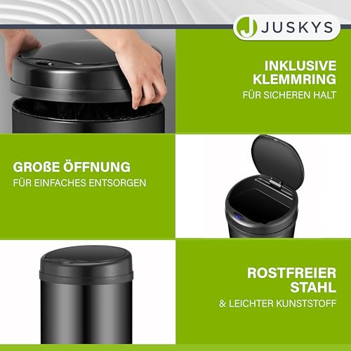 Juskys Mülleimer Küche mit Bewegungssensor Schwarz 30L - Runder Abfalleimer mit Klemmring für Müllbeutel - Rostfreier Stahl - Kontaktloses… – Ansicht 4
