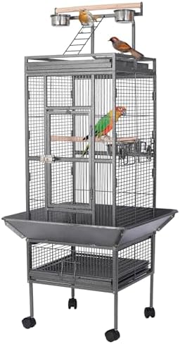 HSM 62 Inch Wrought Iron Large Bird Flight Cage with Rolling Stan...