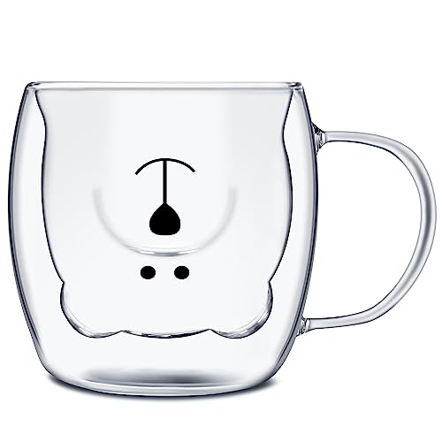 Xzeemo 250ml Taza de Café, Taza de Vidrio con Aislado de Doble Pared, Lindo Taza de Té, Leche Mug, Taza de Té de Oso/Gato con Asa, Cappuccino Taza, Regalos de Cumpleaños para Hombres y Mujeres (Oso)