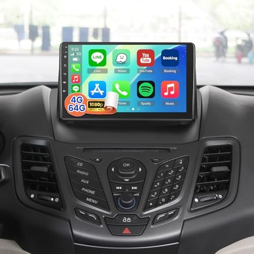 [4G+64G] for Ford Fiesta Radio 2009 2010 2011 2012 2013 2014, 9 inch Android Touch Screen Fiesta Car Stereo, 32 EQ Audio/1280 * 720 Screen/Carplay/Android Auto/SWC/Bluetooth
