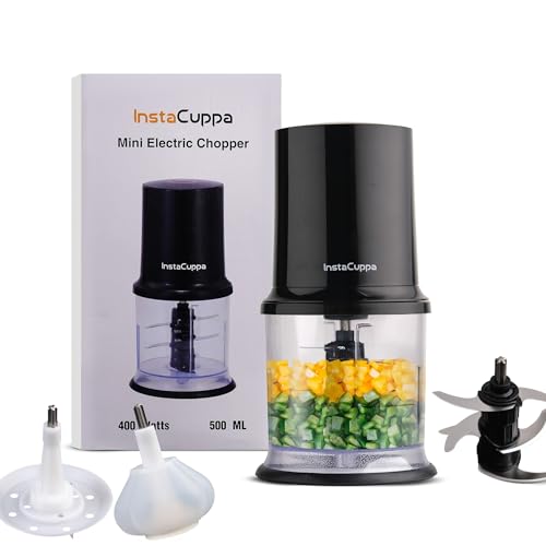 Image of InstaCuppa Electric Chopper with Garlic Peeler, Stainless Steel Blades & Egg Beater Attachments, Busy Mom Kitchen Helper for Chopping, Mincing, Cutting, Grating Meat & Vegetable, 500 ML, 400W