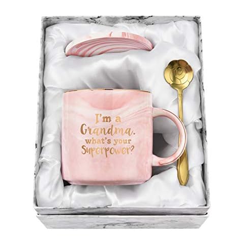 Grandma Coffee Mug I'm a Grandma What's Your SuperPower Best Grandma Mug Cup Funny Christmas Birthday Gift for Grandma 12 Oz Pink Marble Coffee Mug with Box Coaster Spoon Cover