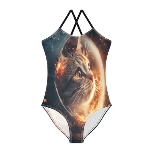 CaTaKu Girls One Piece Swimsuits Cat in Space Toddler Bathing Suit for Girls Kids Swimwear 3-10Y
