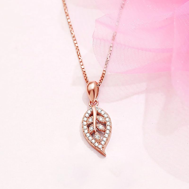 Image of ZAVYA 925 Sterling Silver Leaf Cubic Zirconia Anti Tarnish Rose Gold Plating Pendant Necklace | Gift for Women and Girls | With Certificate of Authenticity and 925 Hallmark
