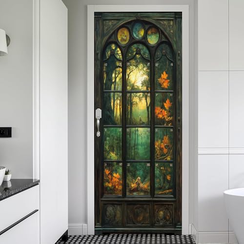 REDAMANCY Vintage Dark Green Stained Glass Arch Landscape Autumn Forest Peel and Stick Door Stickers Vinyl Decals Decor Modern Self-Adhesive Waterproof Removable