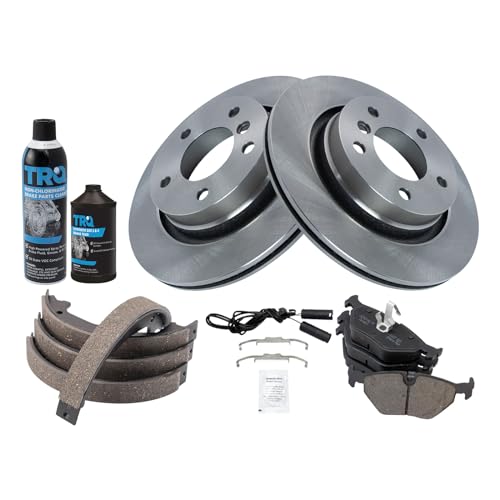Image of TRQ Rear Brake Pad & Rotor Kit, with Chemical Kit Parking Brake Shoe Set Ceramic Compatible with 2000 BMW 323Ci 323i 2001-2006 325Ci 2001-2005 325i 328Ci