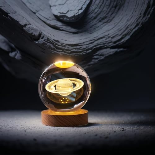 Image of Crystal Ball Lamp with Wooden LED Base | Engraved 3D Moon & Stars Night Light | USB Rechargeable Home Decor | Birthday Gift for Teens, Boys & Girls (Saturn Lamp)