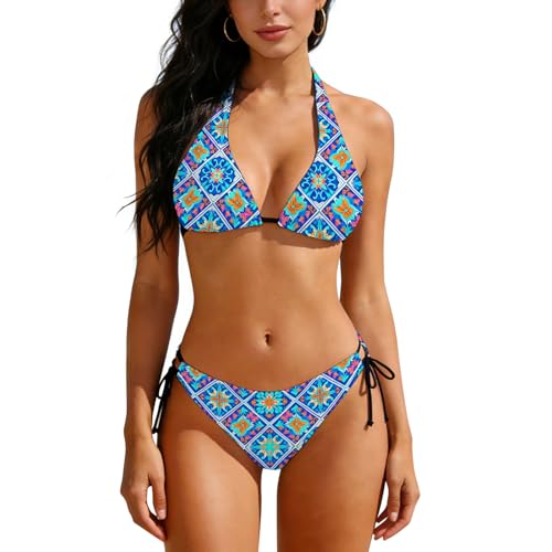 KOYI Mediterranean Blue Tile Bikini Set for Women, Geometric Floral Two Piece Swimsuit, Summer Vacation Beachwear,Large