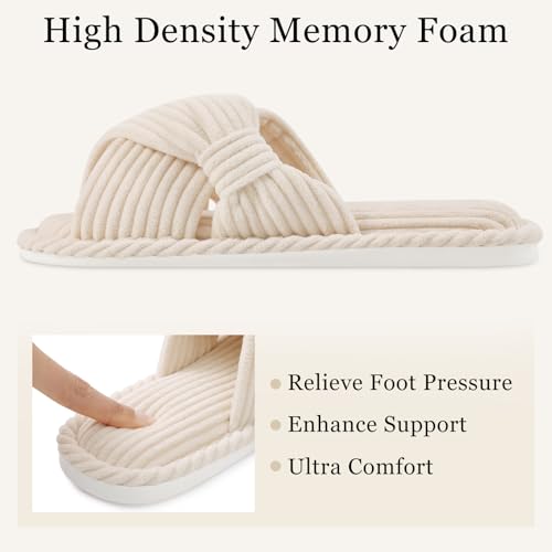 evshine summer house slippers for women corduroy cross bow indoor slippers open toe slip on bedroom shoes with memory foam