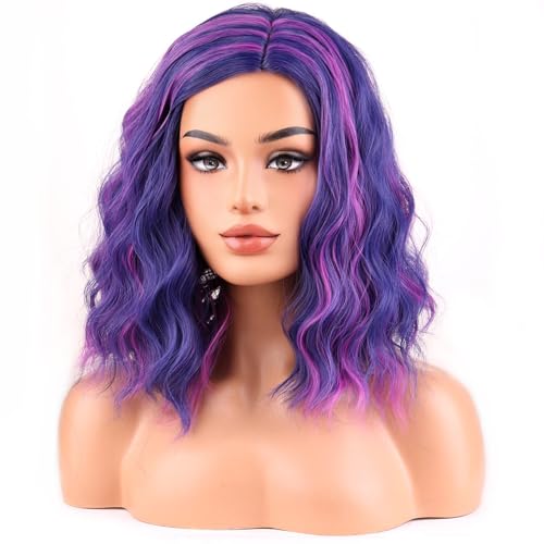 Image of BERON Blue Mixed Pink Wigs for Women Girls Pink and Blue Side Part Short Curly Wavy Wig Shoulder Length Body Wave Halloween Cosplay Daily Party Wigs