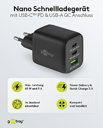 Goobay 64753 Caricabatterie Rapido Multiporta USB-C Pd Nano (65 W) / 2 X USB-C Pd 1 X USB-A Quick Charge/Adattatore Di Alimentazione Per Cavi Di Ricarica Di Iphone E Altri Telefoni Cellulari/Nero - 3