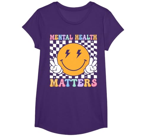 Retro Mental Health Matters Human Brain Illness Awareness T-Shirt, Girls, Purple, Large