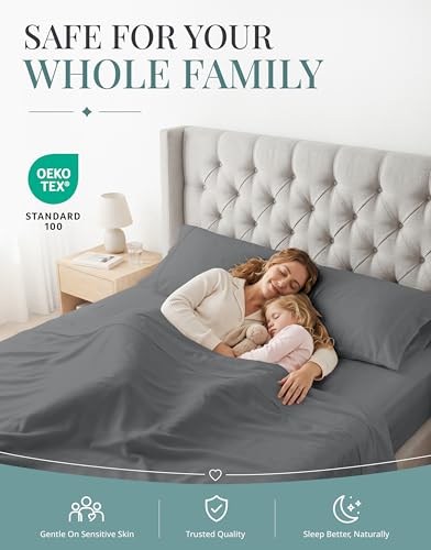 Image of 450TC 100% Cotton Split King Sheet & Pillowcase Sets - Sateen, Charcoal