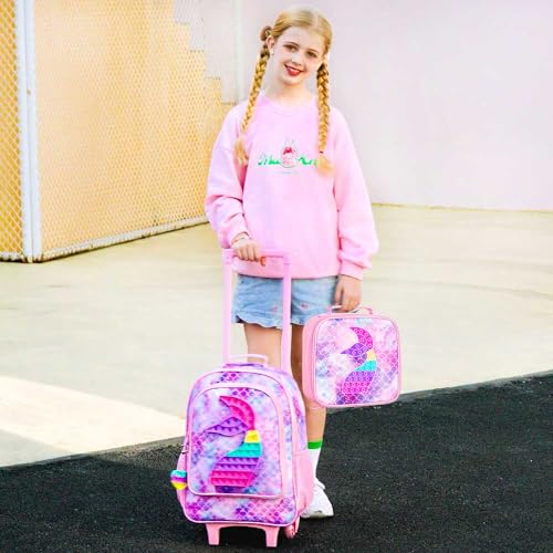 CCJPX 3Pcs Kids Rolling Backpack for Girls, Mermaid Roller Wheeled Bookbag Toddler Elementary School Bag with Wheels - Pink