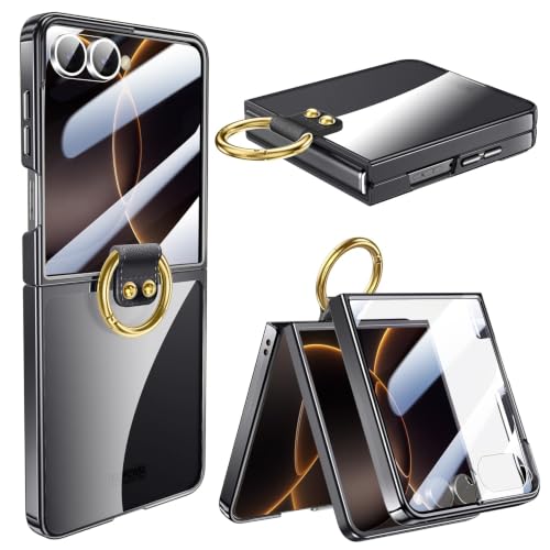 OURJOY Galaxy Z Flip8 �p �P�[�X �����O�t�� �d�C���b�L�o���p�[ �w�ʃN���A 9H��̌^�K���X�t�B���� �T�u��ʕی�u�u���b�N�v