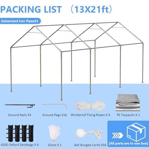 Image of Jocoevol Carport 13x21 FT Enclosed Carport with Roll-up Windows, Removable Sidewalls & Doors and Sandbags for Car Boat Truck Motorcycle, Grey