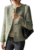 Blazer d'affaires Décontracté en Tweed pour Femmes Veste De Bureau Formelle À Col Rond Printemps Et Automne Veste Élégante Et Chic À Simple Boutonnage (Vert,TTG)