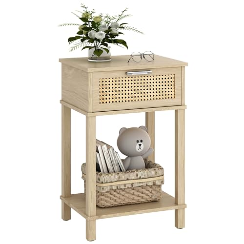 CIILAAILE Rattan Side Table, Wood End Table, Nightstand with Hand