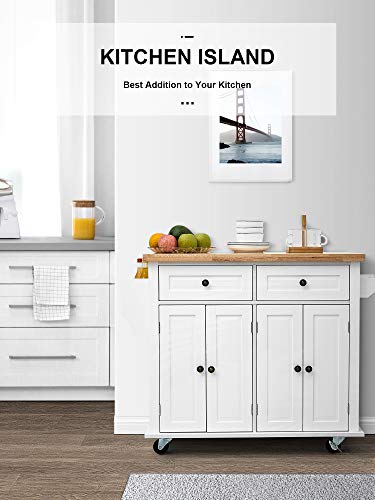 Kealive Kitchen Island on Wheels, Rolling Kitchen Island Cart with Cabinet and Lockable Castors, 2 Drawers and Spice Rack Towel Rack Rubber Wood Countertop, White, 35.5in x 17.8in x 32.3in
