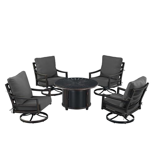 Oakland Living Black Aluminum Patio Fire Table Set with Four Club Chairs with Black Cushions