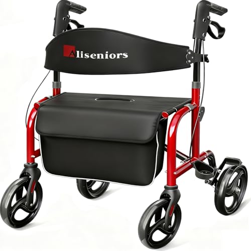 Aliseniors Bariatric Walkers for Seniors 500lbs Heavy Duty Rollator Walker with Seat Extra Wide Rolling Walker with Backrest 8 All Terrain Wheels Foldable and Height Adjustment Red