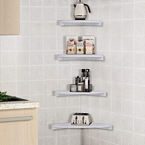 Wgfkvas Corner Shelf Wall Mounted Set Of 4, White Corner Shelves, Floating Corner Bookcase, Wall Storage Shelves For Wall Decor Living Room, Bedroom, Bathroom, Rustic, Solid Wood #TOP3