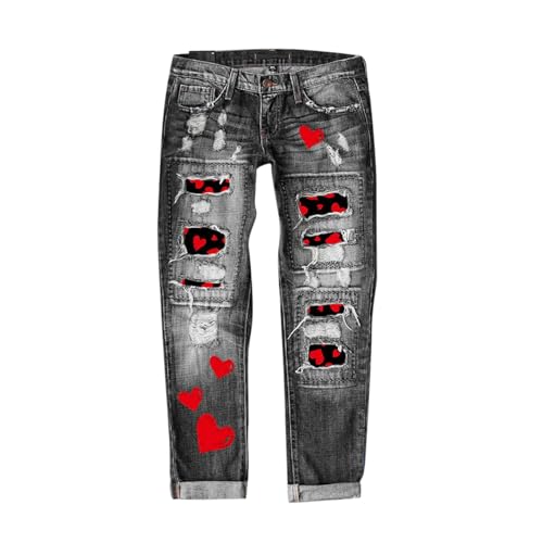 Jeans décontractés pour femmes bleu en jean imprimé romantique
