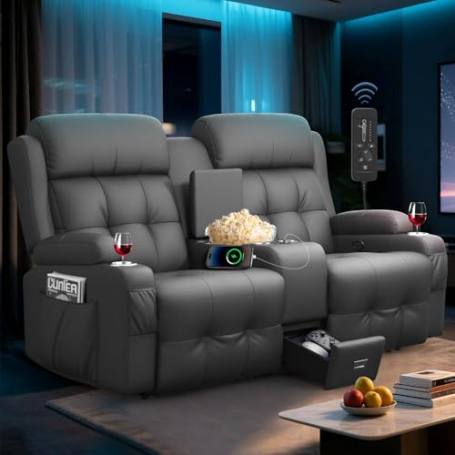 Home Theater Seating Loveseat Recliner Sofa, Massage Reclining Couch with USB, Center Console, Wall Hugger RV Recliners, 145° Adjustable Recline & Cup Holders & Side Pockets,for RV & Movie Room