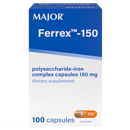 MAJOR Ferrex-150 Polysaccharide-Iron Complex Capsules 150mg Iron Supplement for Women and Men Gentle on Stomach 100 Capsules (1 Pack)