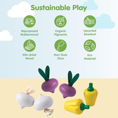 Image of PlanToys Wooden Fresh Produce Set Red Radishes, Garlics and Yellow Bell Peppers | Pretend Play Food for Imaginative Cooking, Role Play and Fine Motor Skills | Montessori Eco Friendly Kitchen Toy