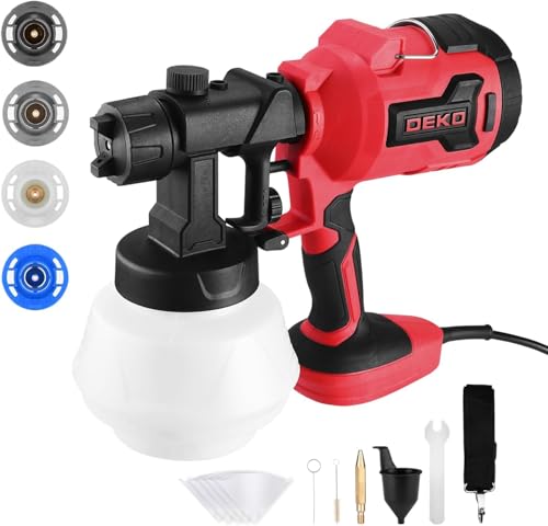 DEKOPRO Paint Sprayer, 700W Electric Spray Paint Gun for House Painting Furniture Cabinets Fence Walls Door Garden Chairs, Easy to Clean 4 Nozzles and 3 Patterns 800ml Container Red