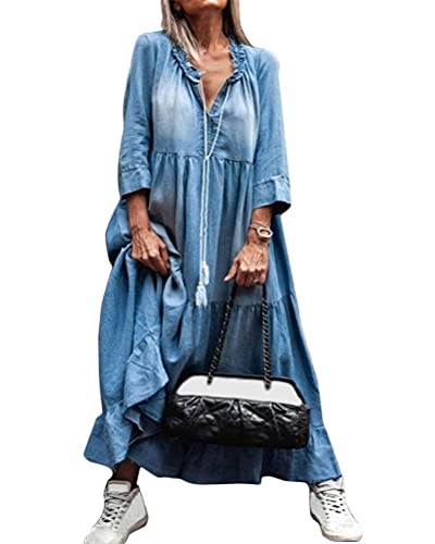 ORANDESIGNE Damen V-Ausschnitt Jeanskleider Denimkleid Sommerkleid Lose Kurzarm Partykleid Tunika Hemd Blusenkleid Jeanskleid Maxi Kleid Casual E Blau...