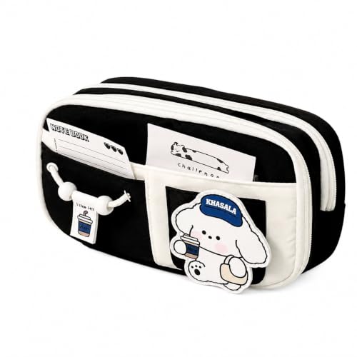 Image of Khasala Brothers Canvas School Pencil Pouch Bag 3 Layer 6 Compartment Large Capacity, Pencil Pouch for Stationary, Cute Stationery for Kids, Pencil Case for Kids (Lucky Black)