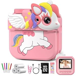 Hangrui Kinderkamera Sofortbildkamera, 1080P 2,4 Zoll Bildschirm Sofortbildkamera Kinder mit 32G Speicherkarte & 3 Rollen Druckpapier, Digitalkamera Kinder mit 5 Farbige Stifte Geschenk für Kinder