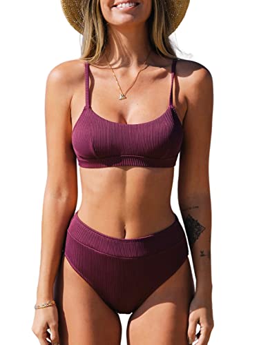 CUPSHE Damen Bikini Set U Ausschnitt High Waist Gerippte Textur Sport...