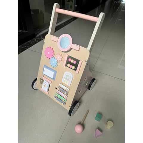 UYIHOME Wooden Baby Walker with Wheel Pink Baby Push Walker for Girl 6-12 Month Baby Girl Walking Toy Baby Push Toy Learning to Walk Baby Toddler Activity Walker Push Toy with Adjustable Height, Pink Cover