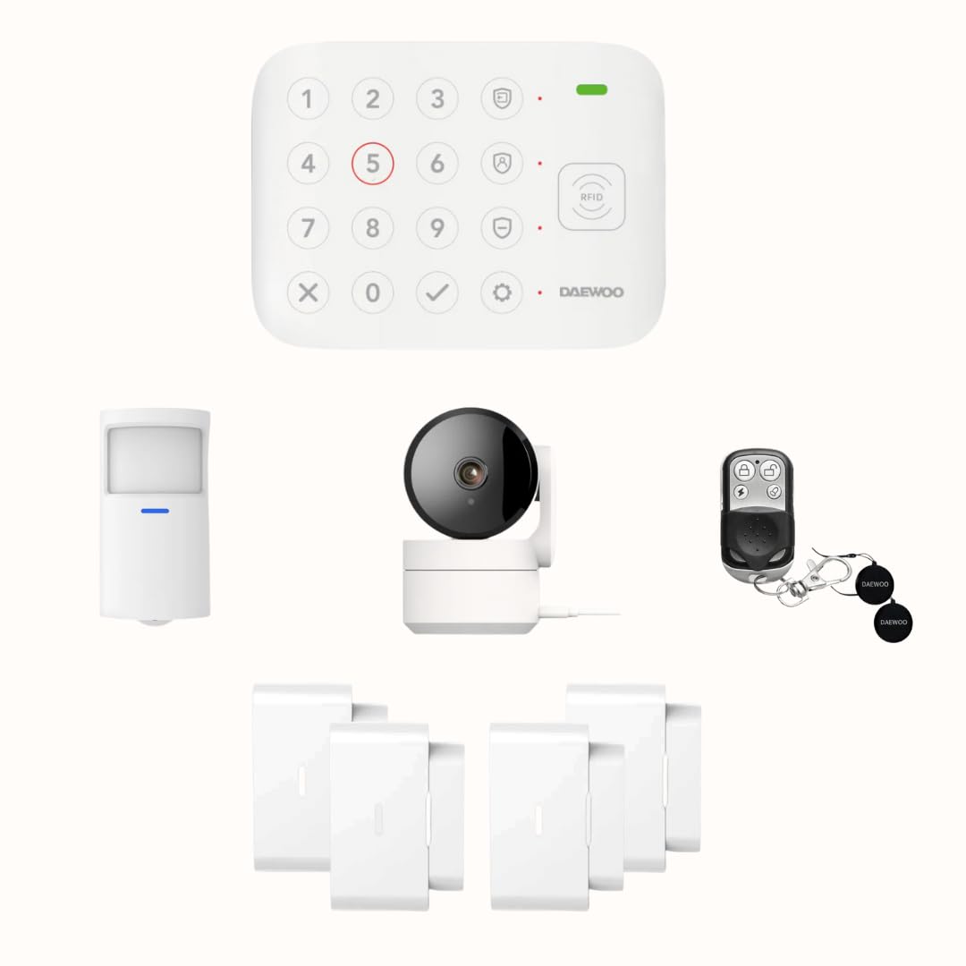 Daewoo Pack Alarme Connectée WiFi/GSM Vigilia VIG101+ – Système sans Fil et sans Abonnement, Compatible Animaux, Détecteurs Inclus + Caméra de Surveillance Full HD, Application Mobile Incluse