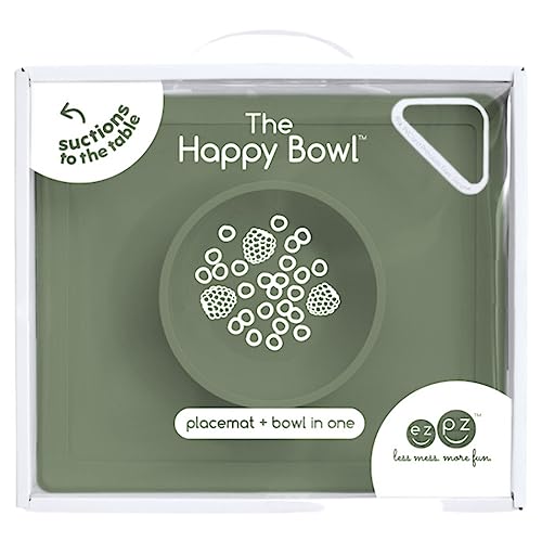 Image of ezpz Happy Bowl - 100% Silicone Suction Bowl with Built-in Placemat for Toddlers + Preschoolers - Dishwasher Safe (Olive)