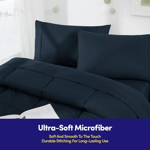 Parure de lit 7 pièces bleu marine pour lit double étudiant